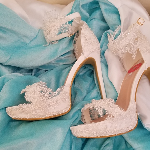 CUSTOM ORDER - White Embroidered Beaded Lace Heels - Picture 3 of 11